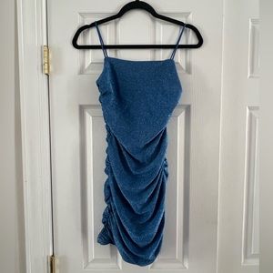 Ruched Sparkled Blue Cocktail/Homecoming/Party Dress with Spaghetti Straps-XS